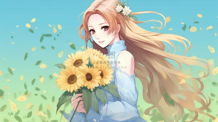 金发少女手捧向日葵花瓣卡通插画素材