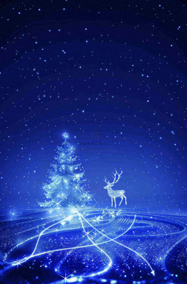 夜晚蓝色星空月亮麋鹿圣诞树平安夜圣诞节梦幻插画背景