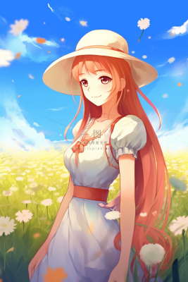 戴着帽子的美丽少女在花丛里卡通插画素材