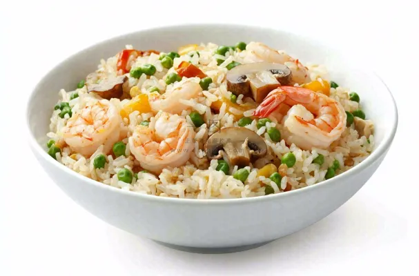 虾仁时蔬炒饭蘑菇美食摄影图