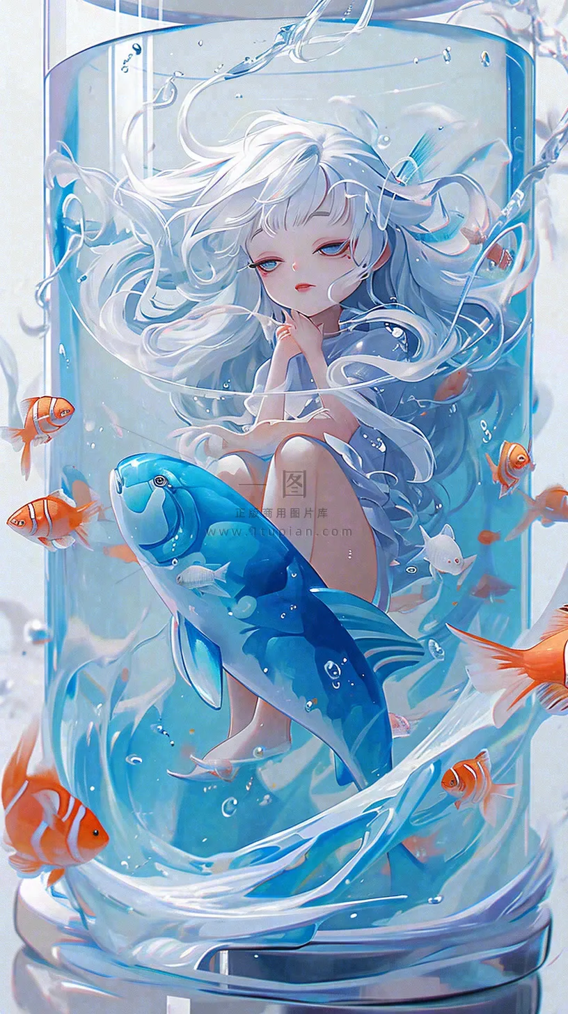 蓝色水面美人鱼，鱼类少女动漫漫画手绘插画