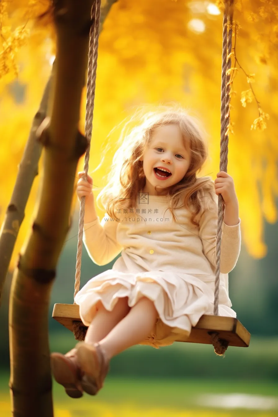 秋天荡秋千的女孩童话公主摄影图