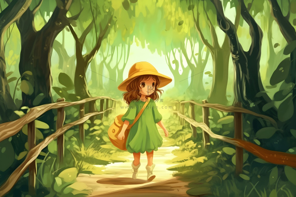 春天小女孩在森林里漫步奔跑草丛花手绘插画素材背景