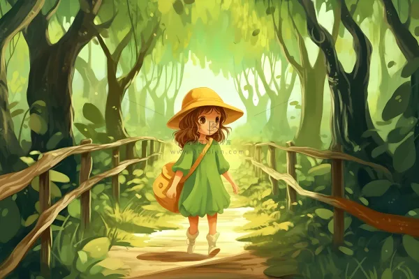 春天小女孩在森林里漫步奔跑草丛花手绘插画素材背景