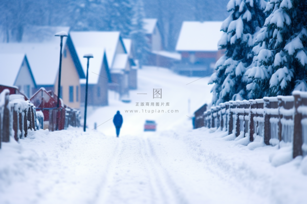 冬季欧洲小镇白雪覆盖树枝雾凇道路摄影图