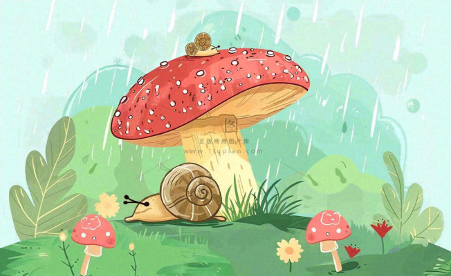 春天雨水蘑菇上的蜗牛森林惊蛰谷雨插画背景