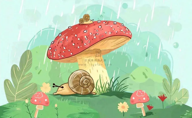 春天雨水蘑菇上的蜗牛森林惊蛰谷雨插画背景