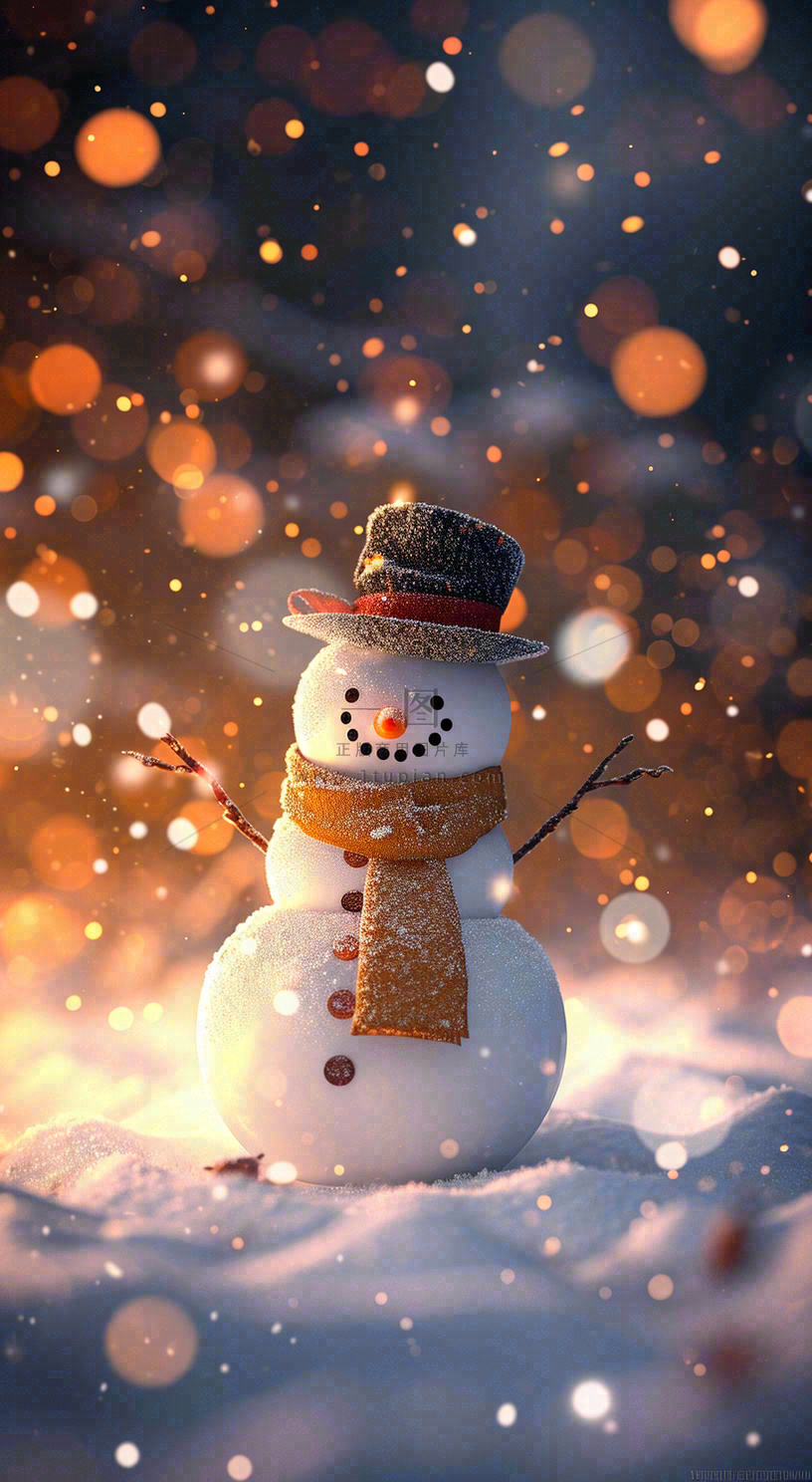 冬天雪地下雪戴帽子的雪人,可爱温暖小雪大雪冬至立冬