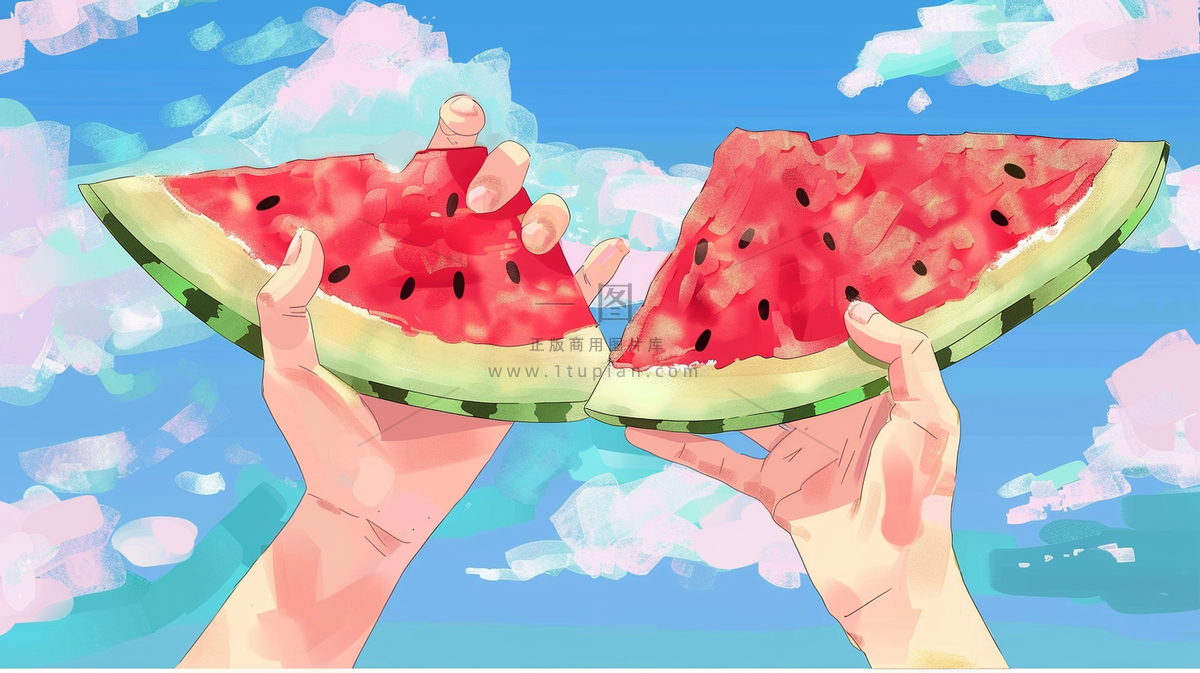夏日西瓜手拿西瓜蓝天白云油画插画背景