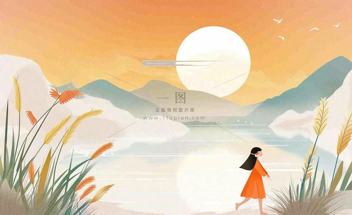 秋天夕阳下山水飞鹤女孩芦苇白露寒露插画背景