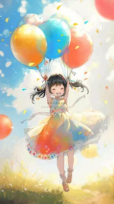 一个可爱的小女孩手里牵着彩色气球在草地上奔跑夏天,儿童节 一个可爱的小女孩手里牵着彩色气球在草地上奔跑夏天,儿童节