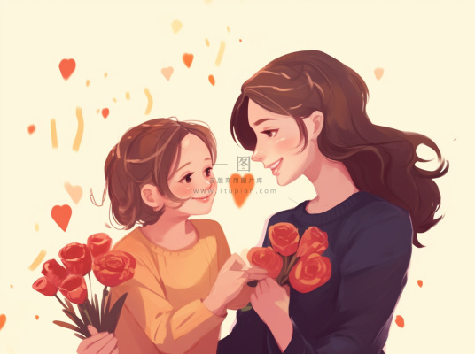 母亲节妈妈拥抱着孩子花海手绘插画素材海报背景