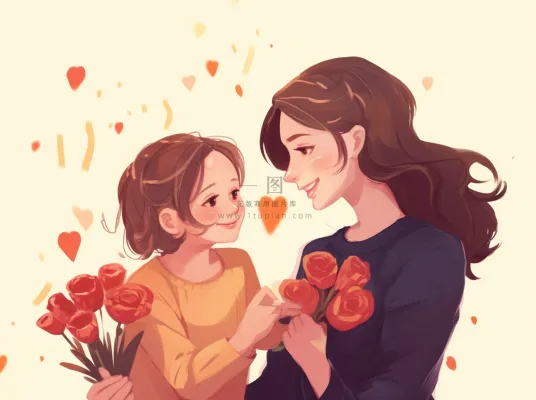 母亲节妈妈拥抱着孩子花海手绘插画素材海报背景