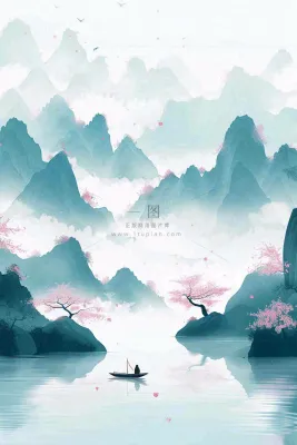 中国风水墨山水画梅花遍地开船春天春分清明插画背景