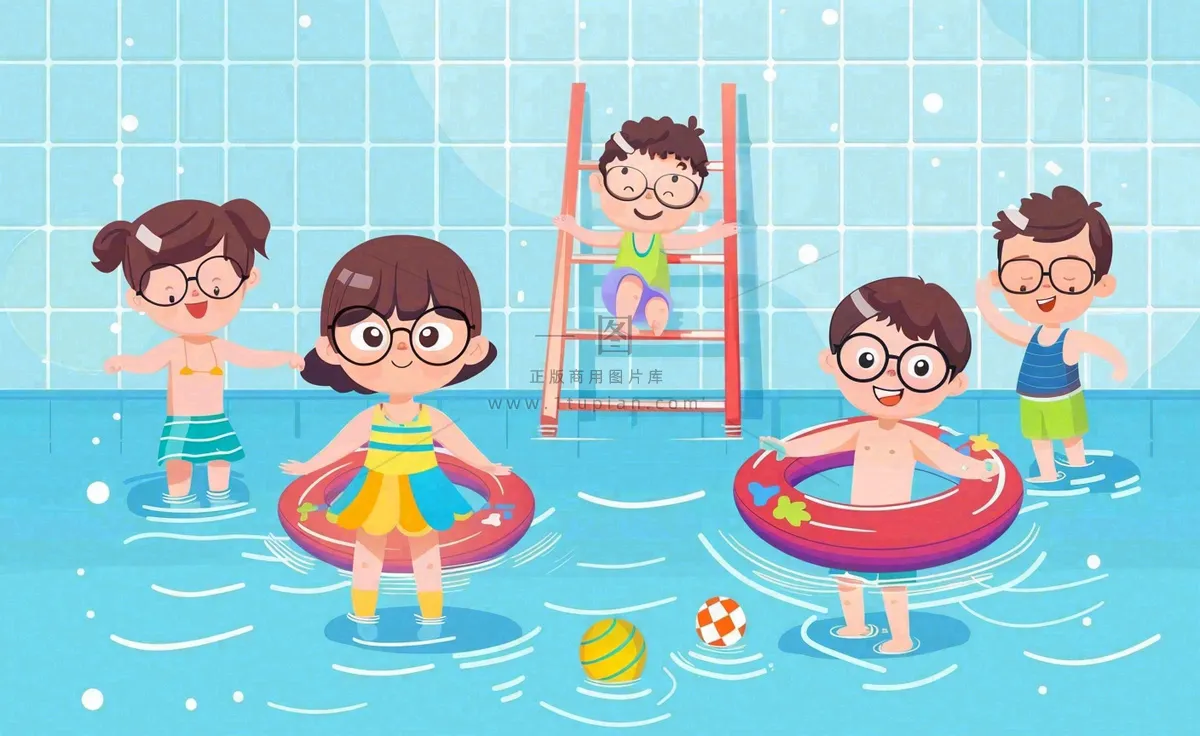 蓝色儿童夏天游泳池插画卡通夏日立夏夏至大暑小暑游泳插画背景