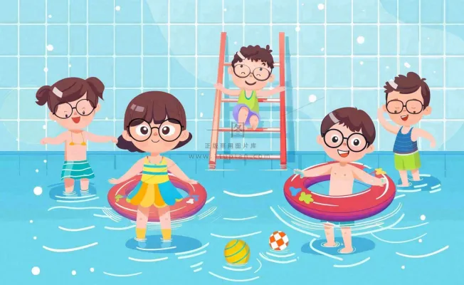 蓝色儿童夏天游泳池插画卡通夏日立夏夏至大暑小暑游泳插画背景 蓝色儿童夏天游泳池插画卡通夏日立夏夏至大暑小暑游泳插画背景