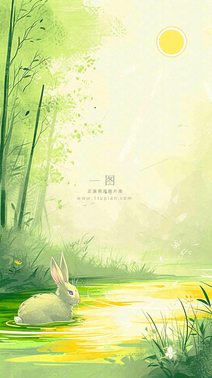 夏日森林丛林阳光绿色河面草丛树木手绘插画，夏至小暑大暑