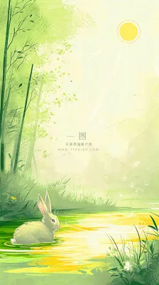 夏日森林丛林阳光绿色河面草丛树木手绘插画，夏至小暑大暑