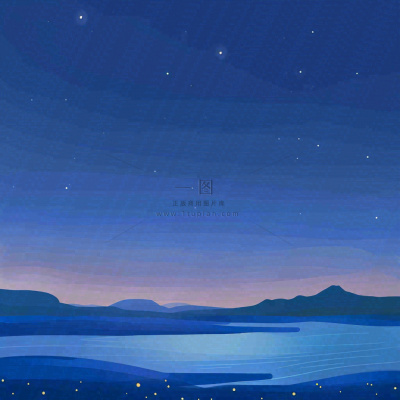 夜晚河面星空月亮唯美夜景扁平插画手绘