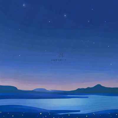 夜晚河面星空月亮唯美夜景扁平插画手绘