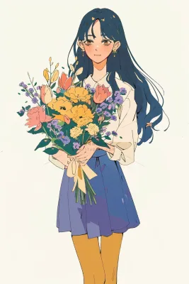 抱着花束的少女卡通插画背景