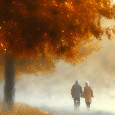 父母年长老人重阳节温馨落日背影