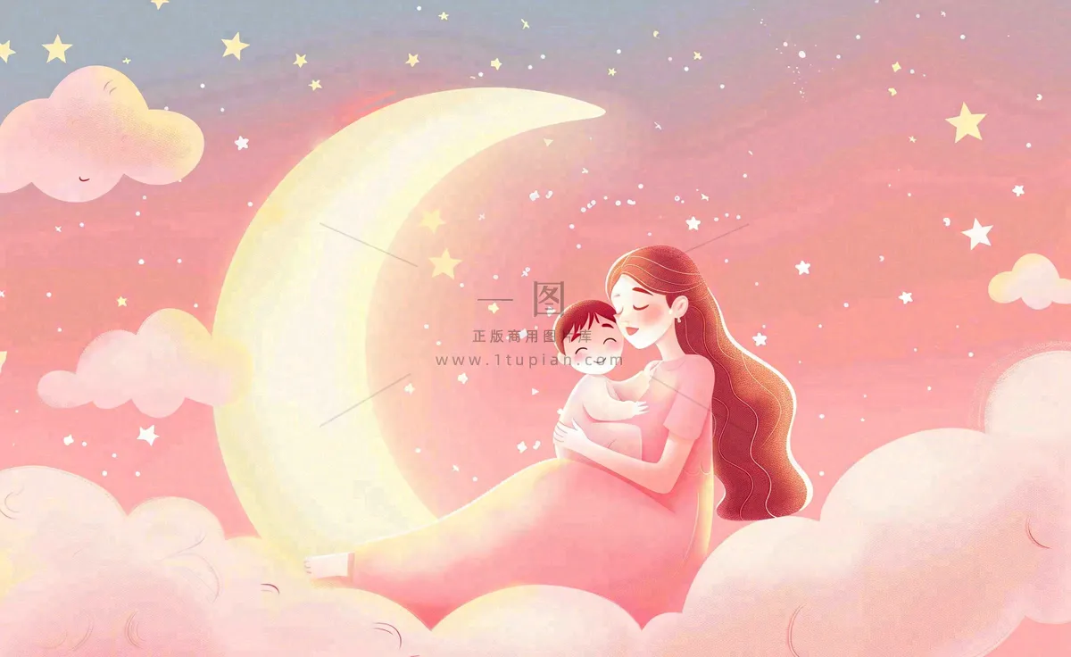 妈妈抱着孩子母亲节创意插画月亮睡眠晚安背景
