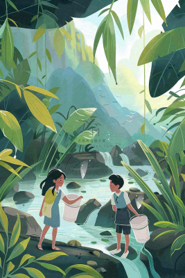 夏天孩子们在森林丛林小溪玩水嬉水处暑夏至卡通插画背景 夏天孩子们在森林丛林小溪玩水嬉水处暑夏至卡通插画背景