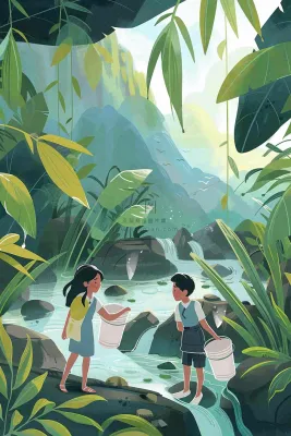 夏天孩子们在森林丛林小溪玩水嬉水处暑夏至卡通插画背景 夏天孩子们在森林丛林小溪玩水嬉水处暑夏至卡通插画背景