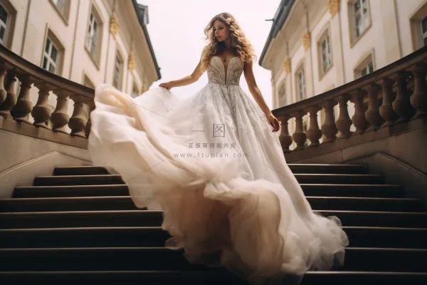 落跑新娘白色婚纱教堂楼梯摄影图