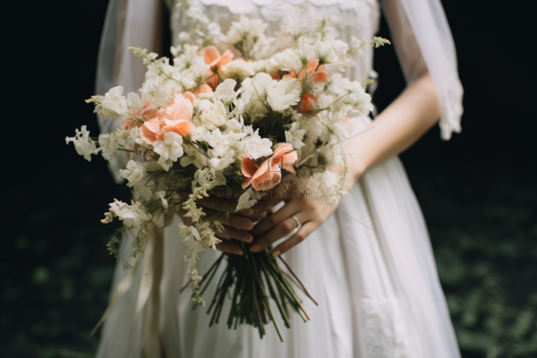 拿手捧花新娘白色婚纱森林婚礼摄影图