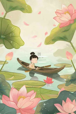 夏日荷花荷叶划船女孩古风国风插画立夏小暑大暑处暑插画背景 夏日荷花荷叶划船女孩古风国风插画立夏小暑大暑处暑插画背景