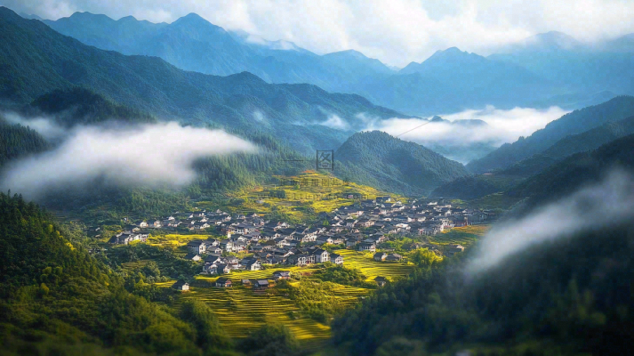 江南风景屋檐瓦舍雾村庄山林摄影图