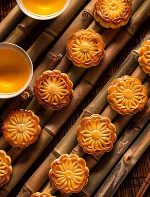 中国传统糕点月饼竹制托盘上的月饼中秋节木制背景摄影图