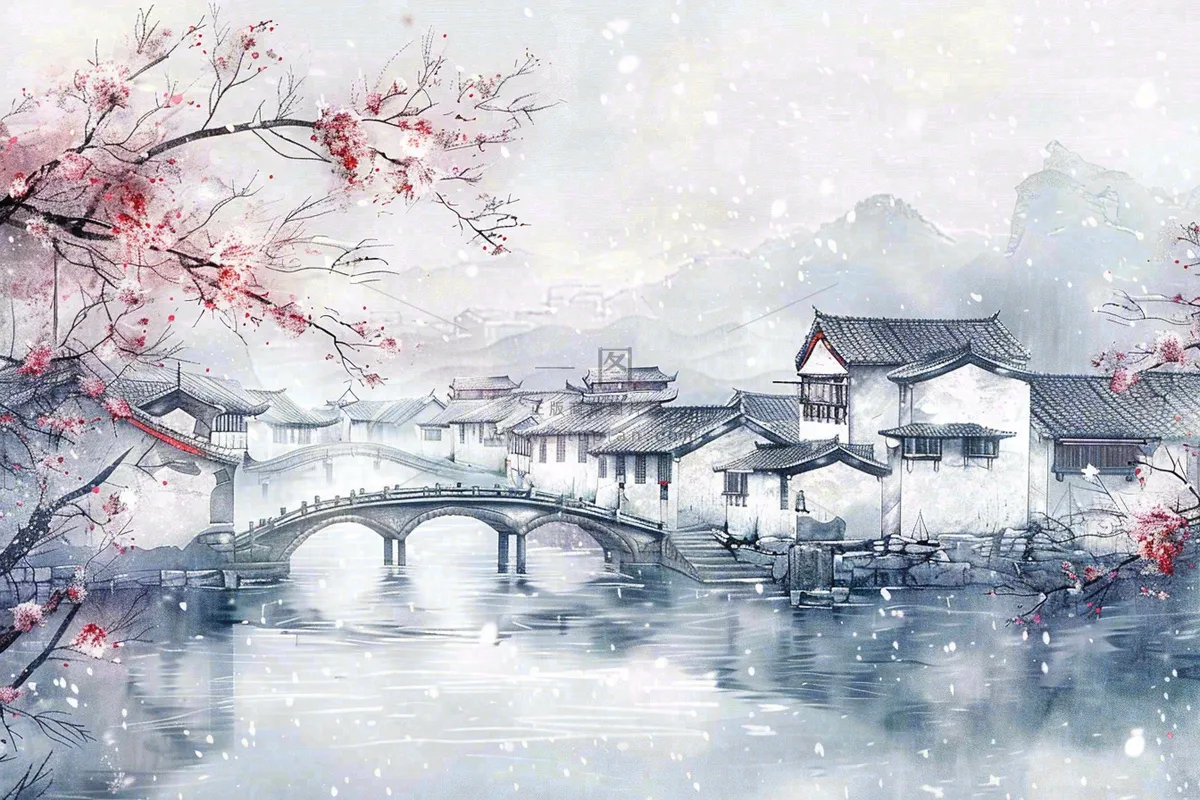 中国江南水乡小镇拱桥梅花小雪安徽冬天寒冷立冬冬至水墨画插画