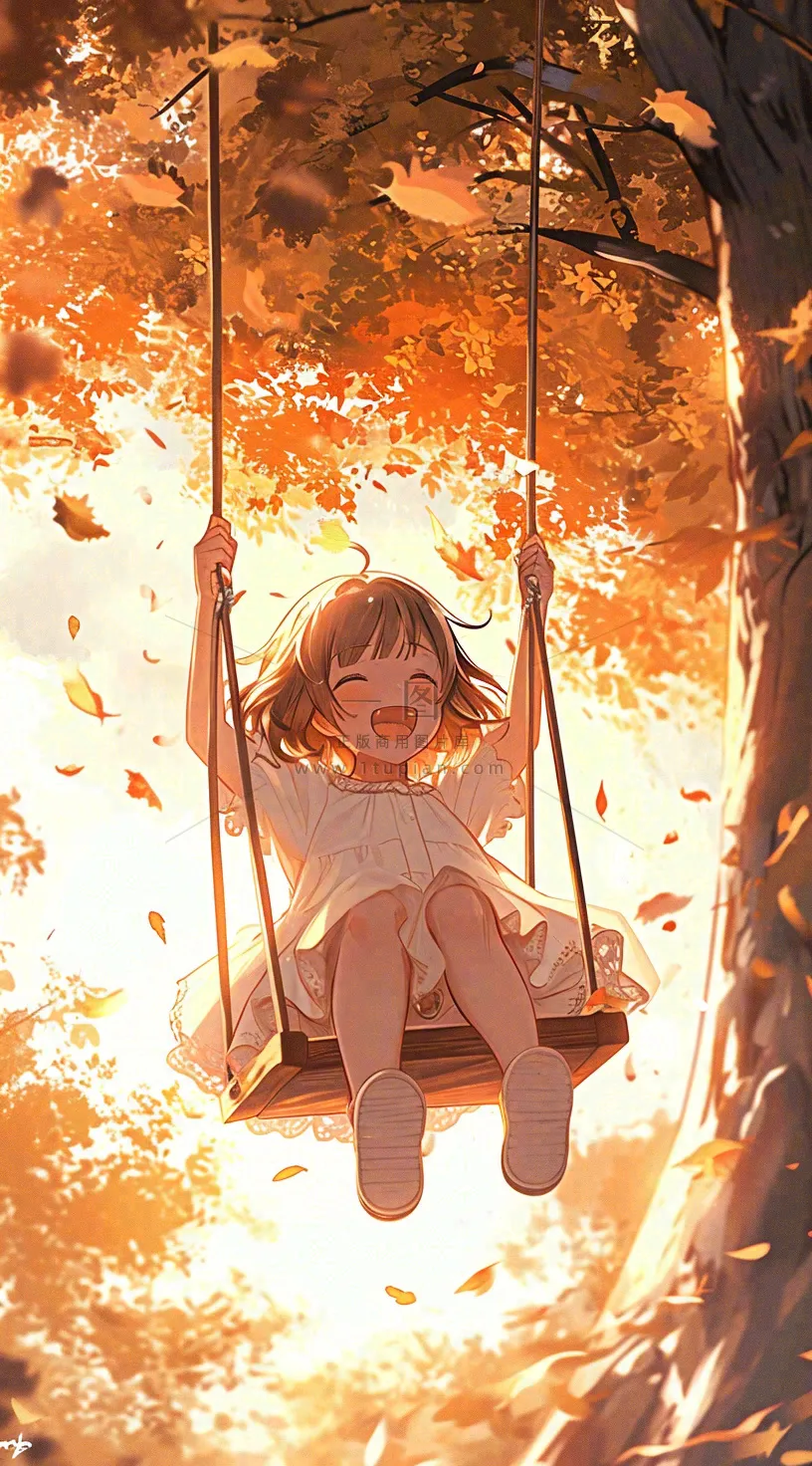 秋天秋叶少女儿童荡秋千玩耍,可爱手绘插画