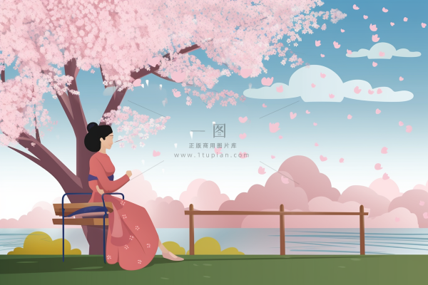 春天樱花树下的女生人物卡通插画背景