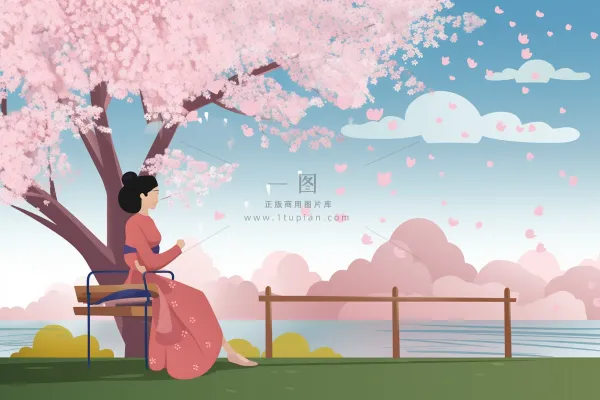 春天樱花树下的女生人物卡通插画背景