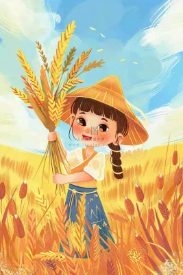 秋收麦田里抱着麦穗的女孩农民芒种立秋秋分卡通插画背景
