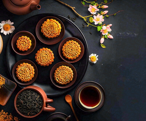 中秋美食月饼中国传统糕点摆盘装饰泡茶摄影图