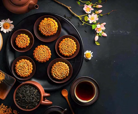 中秋美食月饼中国传统糕点摆盘装饰泡茶摄影图