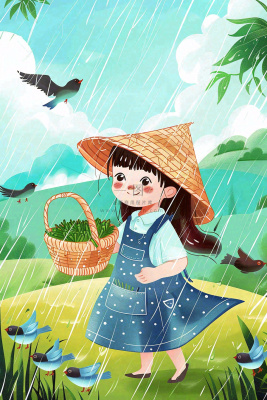 谷雨节气采茶女春天燕子雨水插画