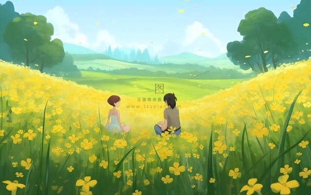 蓝天白云草坪草原人物黄色花朵手绘插画海报素材背景 蓝天白云草坪草原人物黄色花朵手绘插画海报素材背景