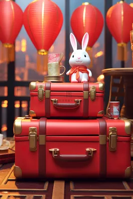 新年春节白兔坐在礼物礼盒灯火灯笼喜庆摄影图