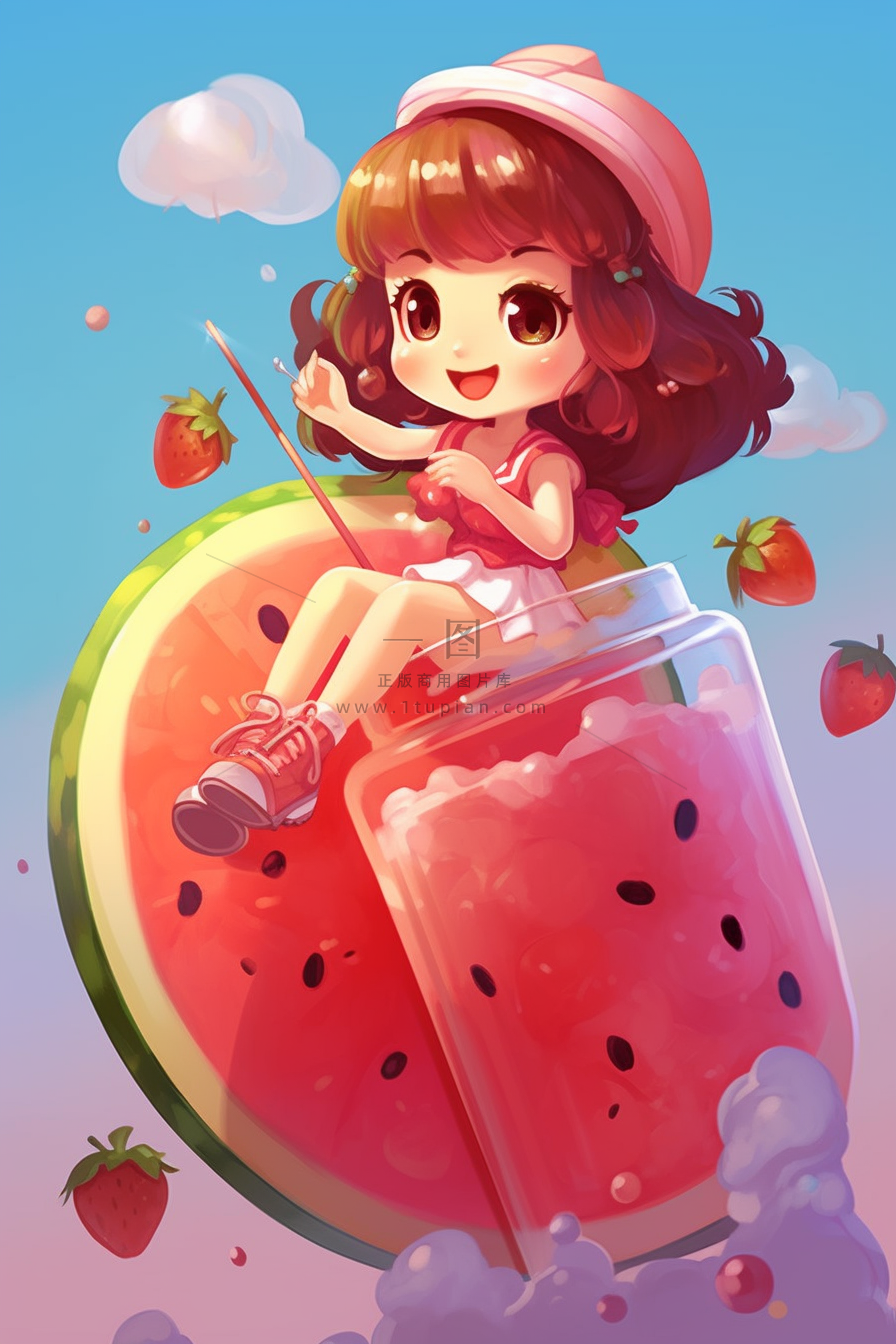 夏日冰西瓜汁刨冰饮料女孩坐着可爱卡通插画背景