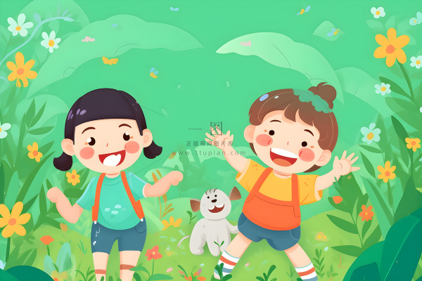 儿童躺着绿色草地上花草海报插画素材背景 儿童躺着绿色草地上花草海报插画素材背景