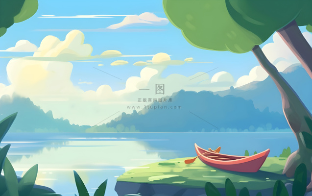 湖中泛舟山森林绿叶花风景插画海报素材背景