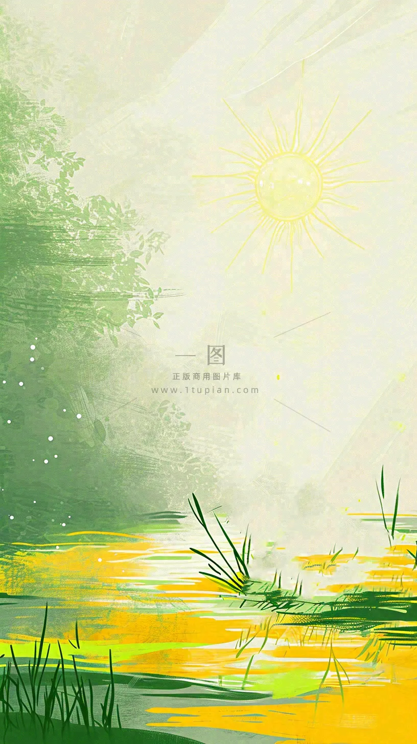 夏日森林丛林阳光绿色河面草丛树木手绘插画,夏至小暑大暑