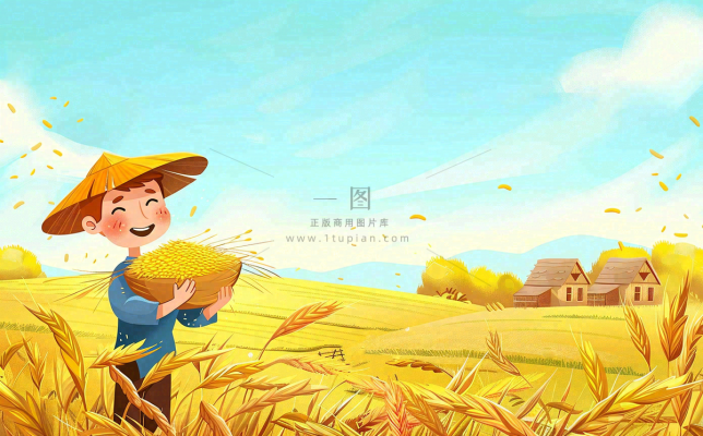 秋天农田里收谷的农民辛勤劳作芒种世界粮食日插画背景 秋天农田里收谷的农民辛勤劳作芒种世界粮食日插画背景