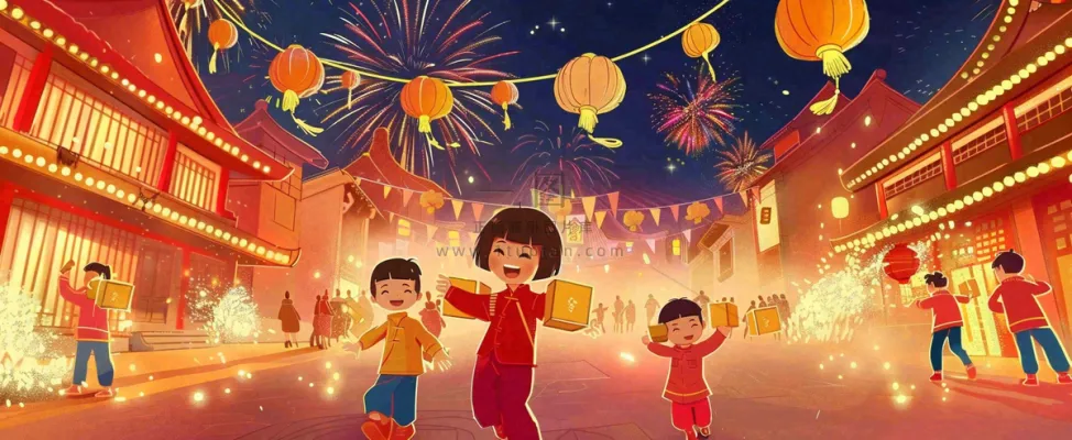 新年热闹街道儿童玩耍喜乐走街串巷灯笼烟花春节小年除夕夜元宵节国潮风插画背景